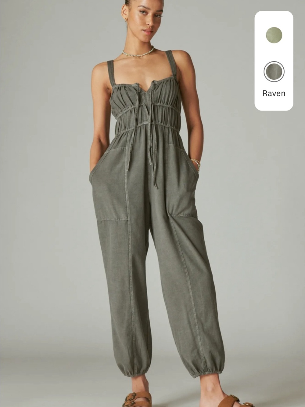 Lucky Brand Tie Front Utility Drawstring Jumpsuit in “Raven”
